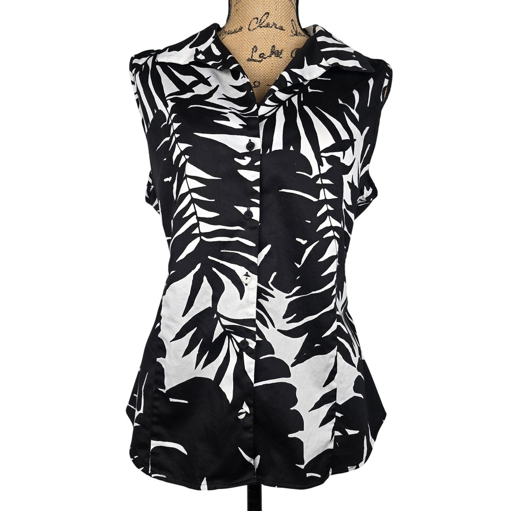 Talbots Womens 16 Sleeveless Tropical Palm Leaf Print Button Down Black‎ White